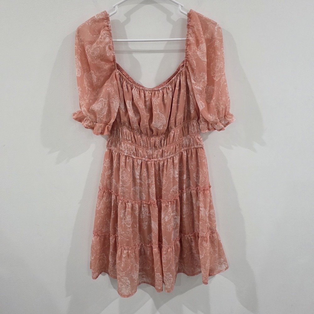 Tiered Floral Milk Maid Mini Dress‎ Size Medium Pink Boho Peasant Ruffle